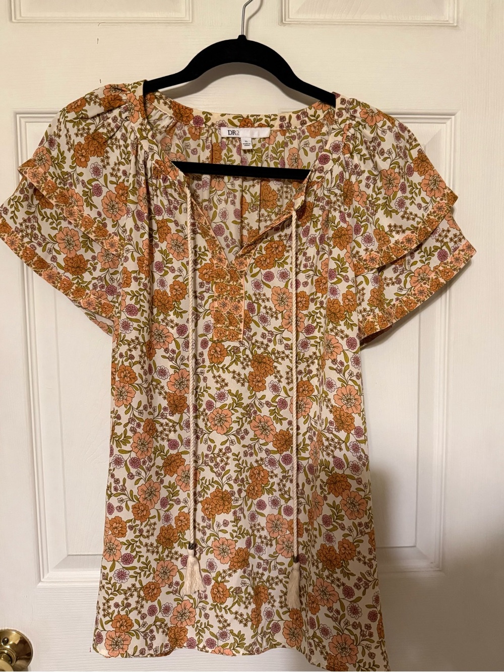 DR2 Peach & Olive Floral Tie-Neck Peasant Top